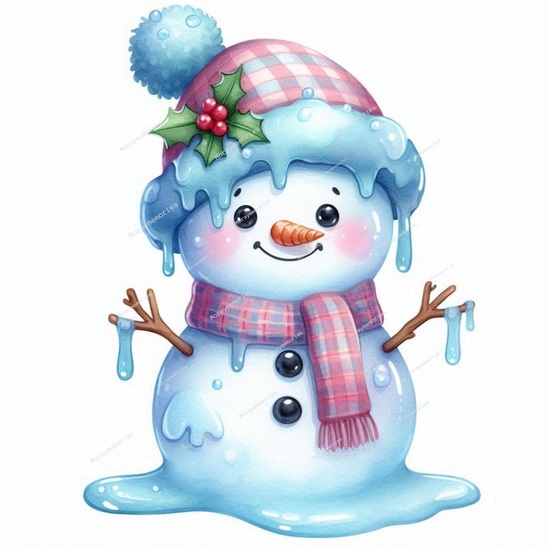 Funny Melting Snowman Clipart, High Quality PNGs, Cute Snowman png,Digital Planner,Watercolor, Card Making,Journaling,Digital Download image 3