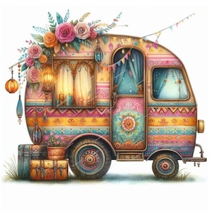 Caravane bohème clipart 10 fichiers JPG aquarelle de haute qualité, journalisation indésirable, scrapbooking, fabrication de cartes, kit de téléchargement numérique, fantastique, fantaisiste