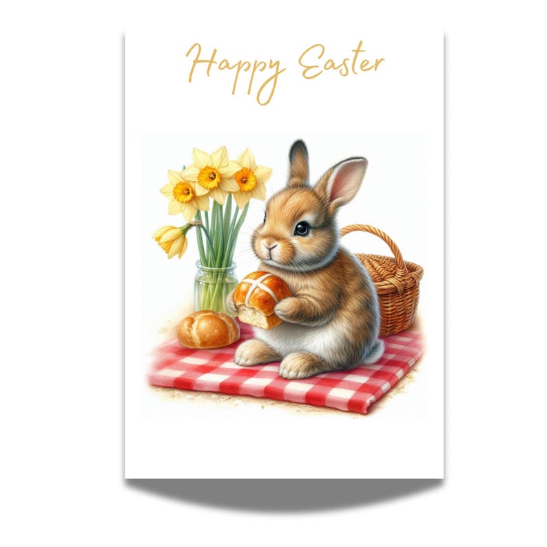 Printable Happy Easter Card Printable Cute Rabbit With Hot Cross Bun printable-happy-easter-card-printable-cute-rabbit-with-hot-cross-bun