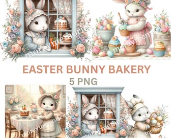 Vintage Cottagecore Easter Bunny Bakery Clipart – 5 PNGs, Storybook Carrot Cake & Pastries, Pastel Spring Clipart