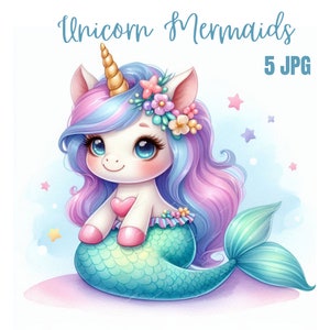 Clipart de sirena, clipart de unicornio, clip art de arcoíris, acuarela JPG, linda sirena unicornio, diario basura, creación de tarjetas, imprimible por sublimación