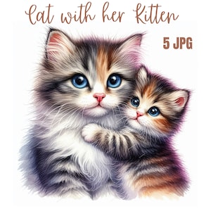 Chat avec des cliparts chaton, chaton amour Clipart, clipart aquarelle imprimable, fichiers JPG de haute qualité, téléchargement numérique, créations en papier, journal indésirable