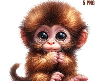 Joli bébé singe Clipart, PNG de haute qualité, téléchargement numérique, fabrication de cartes, techniques mixtes, créations numériques en papier
