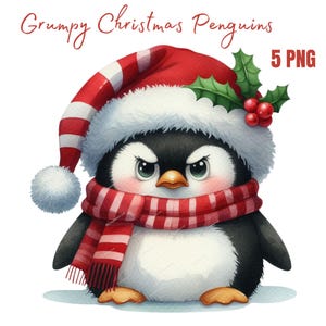 Clipart de pingüino navideño gruñón, PNG de alta calidad, libro de recuerdos, diarios basura, álbumes de recortes, agendas digitales, uso comercial, sublimación