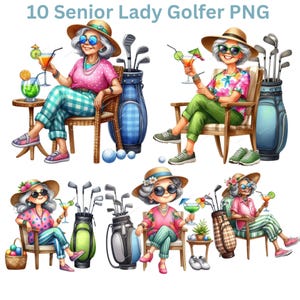 Senior lady golfer met cocktails 10 png-clipart elegante vrouw met golfclubs en cocktail illustratie perfect voor de lol golfdecor, golf, png
