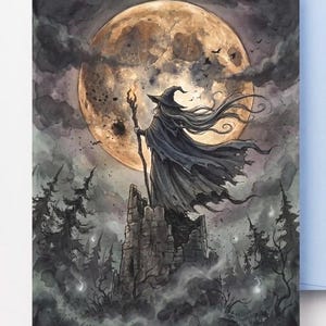 May include: A watercolour illustration depicting a figure in a dark cloak and pointed hat standing atop a stone ruin. The figure holds a staff with a glowing flame tip against a backdrop of a large, textured full moon, dark clouds, and trees.