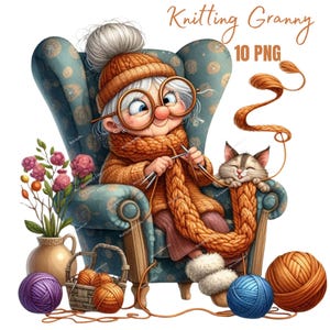 Granny’s Crochet Club – 10 PNG Funny Cartoon Illustrations of a Knitting Grandma, Funny Grandma, Knitting Cartoon, Humorous Senior, Grandma