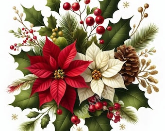 Peut inclure: Une composition festive avec des poinsettias rouges et blancs, des feuilles de houx et des baies rouges. La composition comprend des aiguilles de pin, une pomme de pin et des accents dorés, le tout sur fond blanc. Thème de Noël.