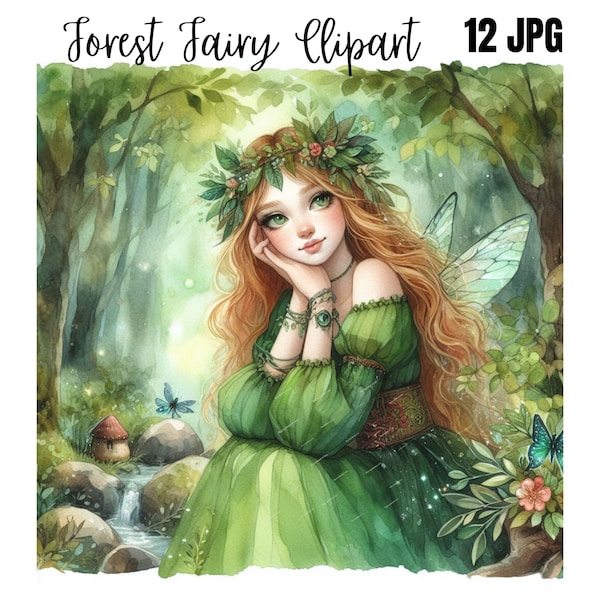 12 Forest Fairy Clipart, Green Fairies Clipart, Printable Watercolor clipart, High Quality JPGs, Digital download, Paper craft, junk journal