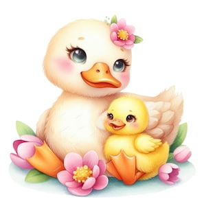 May include: A watercolour illustration of a mother duck and a baby duckling. The mother duck is cream-coloured with a pink flower on her head. The baby duckling is yellow. Pink flowers and green leaves surround them.