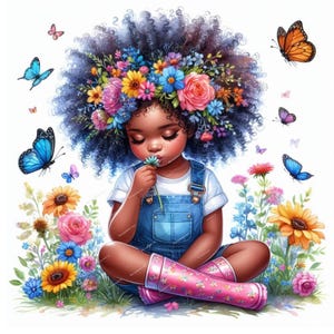 14 Quirky Black Girl Clipart JPGs, Whimsical African Girl Watercolor Ephemera, Floral Clip Art, Instant Download, Commercial Use, Scrapbook