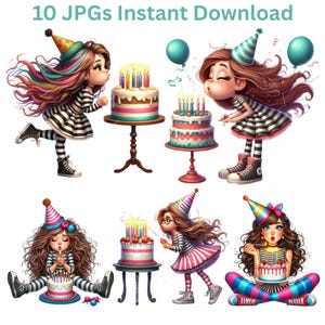 Quirky Birthday Cake and Girl Clipart, 10 JPGs, Whimsical Birthday Party Images for Kids, Scrapbooking, Card Making & Party Invitations