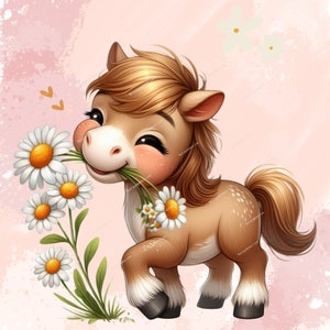 Aquarell Pferd, PNG niedliches Pferd Clipart, niedliches Tier mit Blumen, niedliches Tier PNG niedliches Kinderzimmer, Ostern Clipart für kommerzielle Nutzung