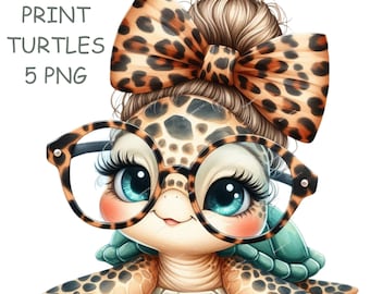 Turtle Clip Art Leopard Print Bow Clipart PNG Cute Turtle Teacher Kids School Shirt Sublimation Mug Tumbler Planner Junk Journal Card Making