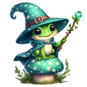 May include: A whimsical illustration of a green frog wizard wearing a teal hat and cape adorned with white stars. The frog is perched on a mushroom and holds a staff with a green gem. The image has a cartoon style.