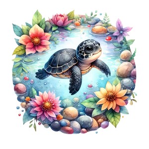 May include: A watercolor illustration of a baby sea turtle swimming in a pond surrounded by colorful flowers and rocks.