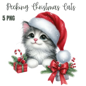Clipart de gatos navideños asomados, PNG de alta calidad, álbumes de recuerdos, diarios basura, álbumes de recortes, agendas digitales, uso comercial, sublimación