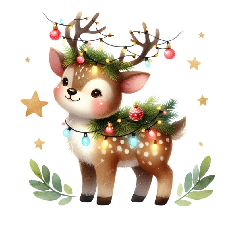 Puede incluir: Ilustraci&oacute;n en acuarela de un ciervo adorable decorado para Navidad. El ciervo tiene pelaje marr&oacute;n con manchas blancas, adornado con luces navide&ntilde;as, adornos y vegetaci&oacute;n. Estrellas y hojas doradas dispersas.