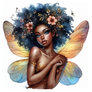 Black Fairy Girl Clipart, Watercolor Black Fairy Girl PNG, Black Fairy Melanin Cliparts,Fairy clipart,Fantasy PNG, FairyTale Cliparts