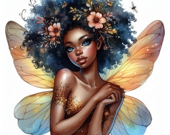 Svart älvflicka Clipart | Akvarell Melaninälva PNG | Fantasiälva Clipart | Svart flicka magisk digital konst | Sagofigur PNG