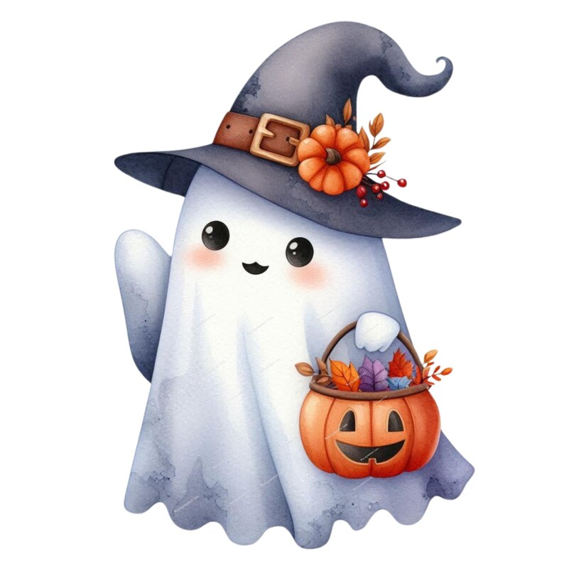 Op de afbeelding: Een schattig cartoon-spookje dat een heksenhoed draagt met een pompoen en herfstbladeren. Het spookje houdt een klein pompoenmandje vast met een pompoengezicht.