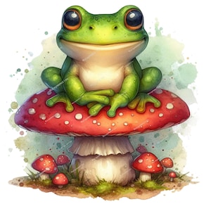 May include: A watercolor illustration of a friendly green frog with large eyes sitting on a red mushroom with white spots. Smaller mushrooms are scattered around the base of the larger mushroom, all on a grassy surface.