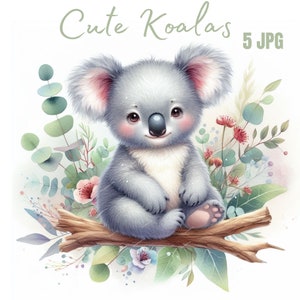 Clipart floral koalas, fichiers JPG de haute qualité, oeuvre d'art pour chambre d'enfant, agenda numérique, aquarelle, fabrication de cartes, tenue d'un journal, téléchargement numérique
