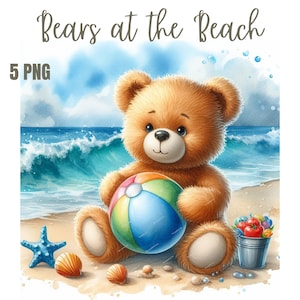 Miś Teddy Bear na plaży, PNG, Clipart TeddyBear, Baby Shower Bear, Miś Urodzinowy na plaży, Chłopczyk, Dziewczynka, Natychmiastowe Pobieranie Cyfrowe