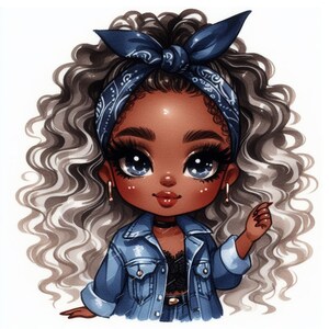 K&ouml;nnte beinhalten: Eine Cartoon-Illustration einer jungen Frau mit langen, lockigen, silbernen und grauen Haaren. Sie tr&auml;gt ein blaues Bandana, eine Jeansjacke und ein schwarzes Oberteil.