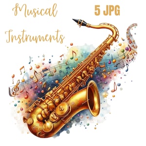 Paquete de imágenes prediseñadas de instrumentos musicales en acuarela (JPG), imágenes prediseñadas de instrumentos musicales, imágenes prediseñadas de notas musicales, imágenes prediseñadas de instrumentos musicales artísticos