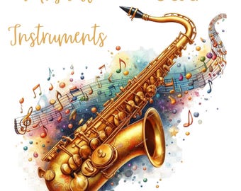 May include: A gold saxophone with a colorful watercolor background featuring musical notes. The text "Musical Instruments" and "5 JPG" are visible in the image.