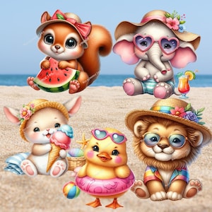 Watercolor Baby Animal Vacation Clipart, Cute Beach Animals, Ocean Nursery PNG Clipart, Baby Animals, Vacation Clipart, Summer Kids Digital