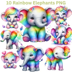 10 Rainbow Baby Elephant Clipart Bundle, Elephant Baby Shower PNG, Cute Elephant Sublimation Graphics, Digital Download Nursery Animal Art