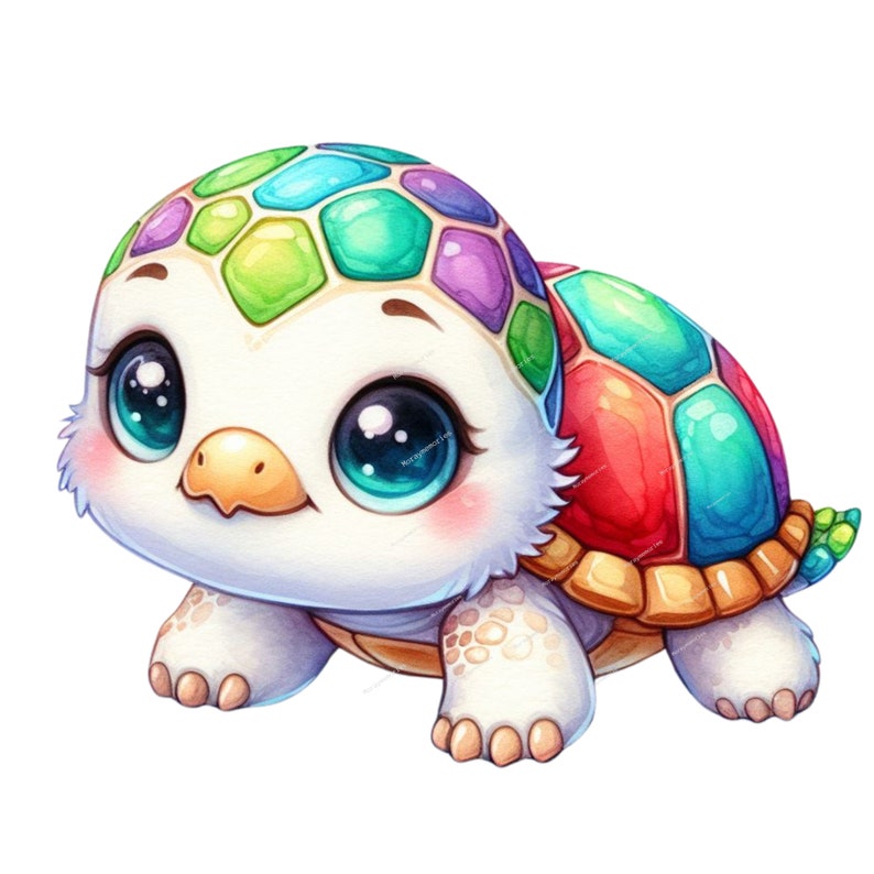 May include: A cute cartoon turtle with a colorful shell. The shell is made up of different colored hexagons, including green, blue, purple, and red. The turtle has big, blue eyes and a white, fluffy body.