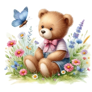 K&ouml;nnte beinhalten: Ein brauner Teddyb&auml;r, der ein rosa-wei&szlig; gestreiftes Hemd und eine blaue Jeanshose tr&auml;gt, sitzt in einem Feld mit bunten Blumen. Ein blauer Schmetterling fliegt &uuml;ber dem B&auml;ren.
