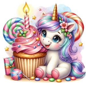 Regalo de cumpleaños de unicornio: Imágenes prediseñadas de celebración de cupcakes lindos, unicornio PNG, imágenes prediseñadas de fiesta de unicornio lindo, imágenes prediseñadas mágicas de pastel, unicornio arcoíris