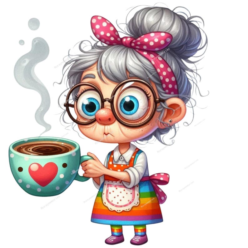 Cozy Coffee Lady Clipart | Funny Older Woman PNG | Cute Granny Coffee ...