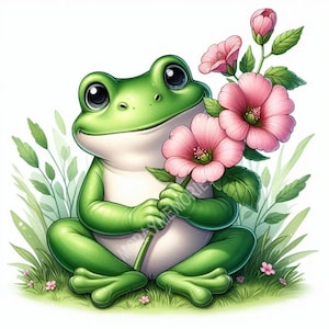 May include: A cartoon illustration of a green frog holding pink flowers. The frog is depicted sitting in grass, with a happy expression and large eyes. The artwork has a whimsical style, suitable for children's decor or spring-themed designs.