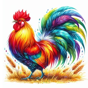 Puede incluir: Una vibrante ilustraci&oacute;n de un gallo con cresta y barbilla rojas, que transicionan a plumas amarillas, naranjas y rojas. Las plumas de la cola son un espectro de colores, incluyendo azul, verde y morado. El gallo est&aacute; en un campo de trigo.