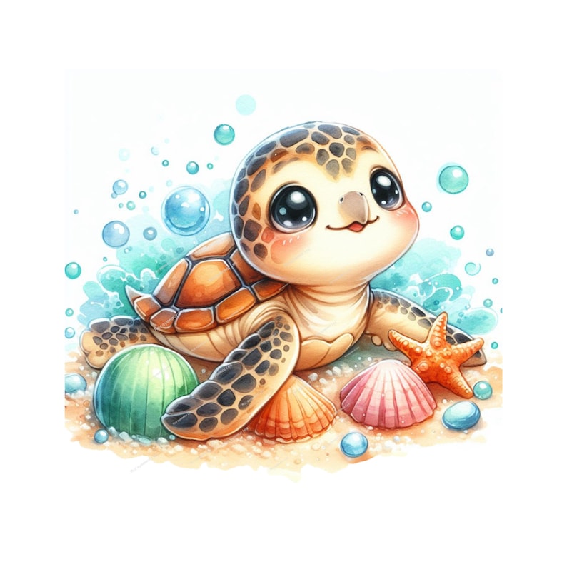 May include: A cartoon illustration of a small sea turtle with big eyes, a brown shell, and a pink blush on its cheeks. The turtle is surrounded by blue and green water bubbles, seashells, and a starfish.