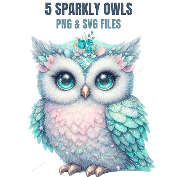 Sparkling Owl Clipart Bundle | 5 PNG & 5 SVG Files | Colorful Owl Graphics | Cute Bird Illustration | Sublimation Design, Printable Crafts