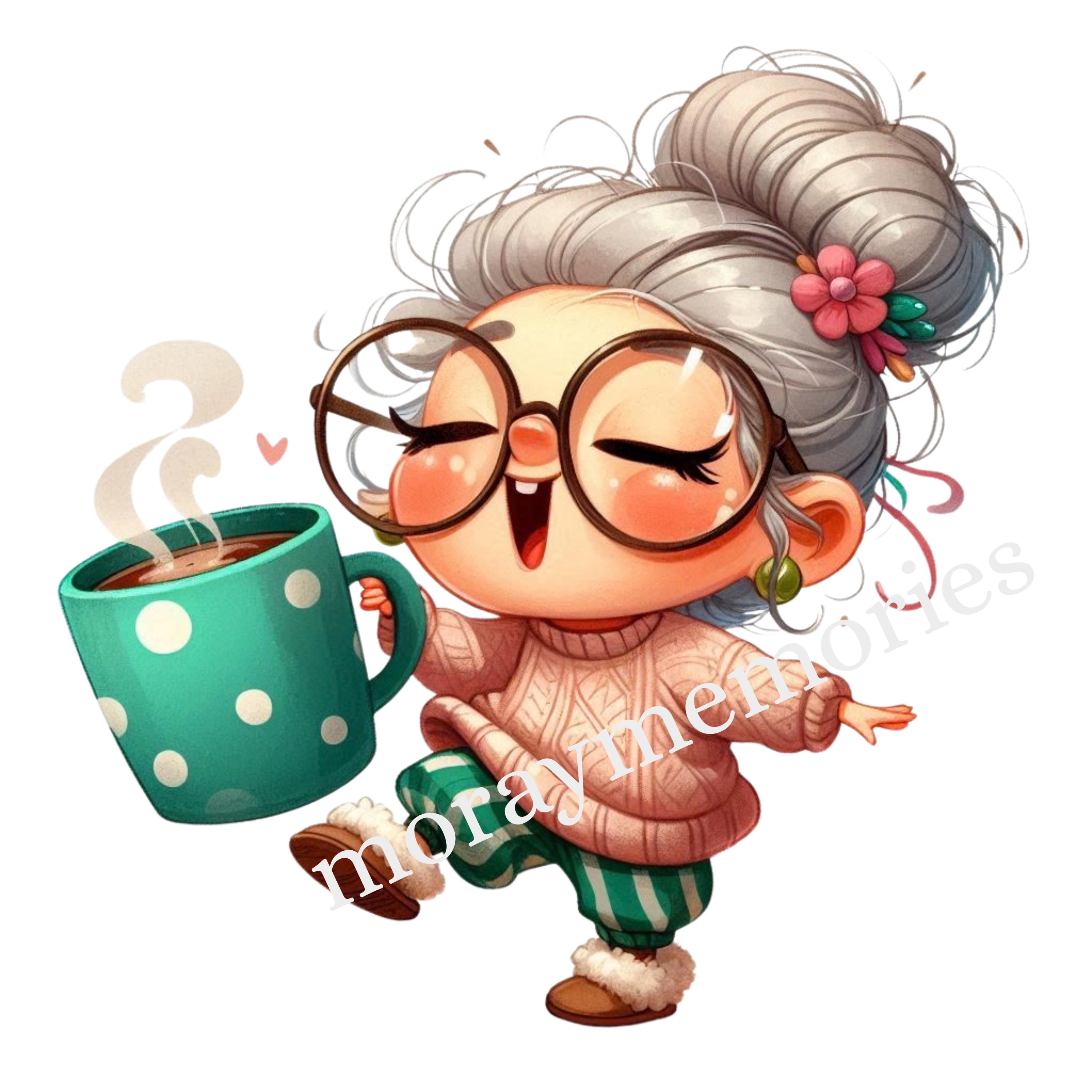 Cozy Coffee Lady Clipart | Funny Older Woman PNG | Cute Granny Coffee ...
