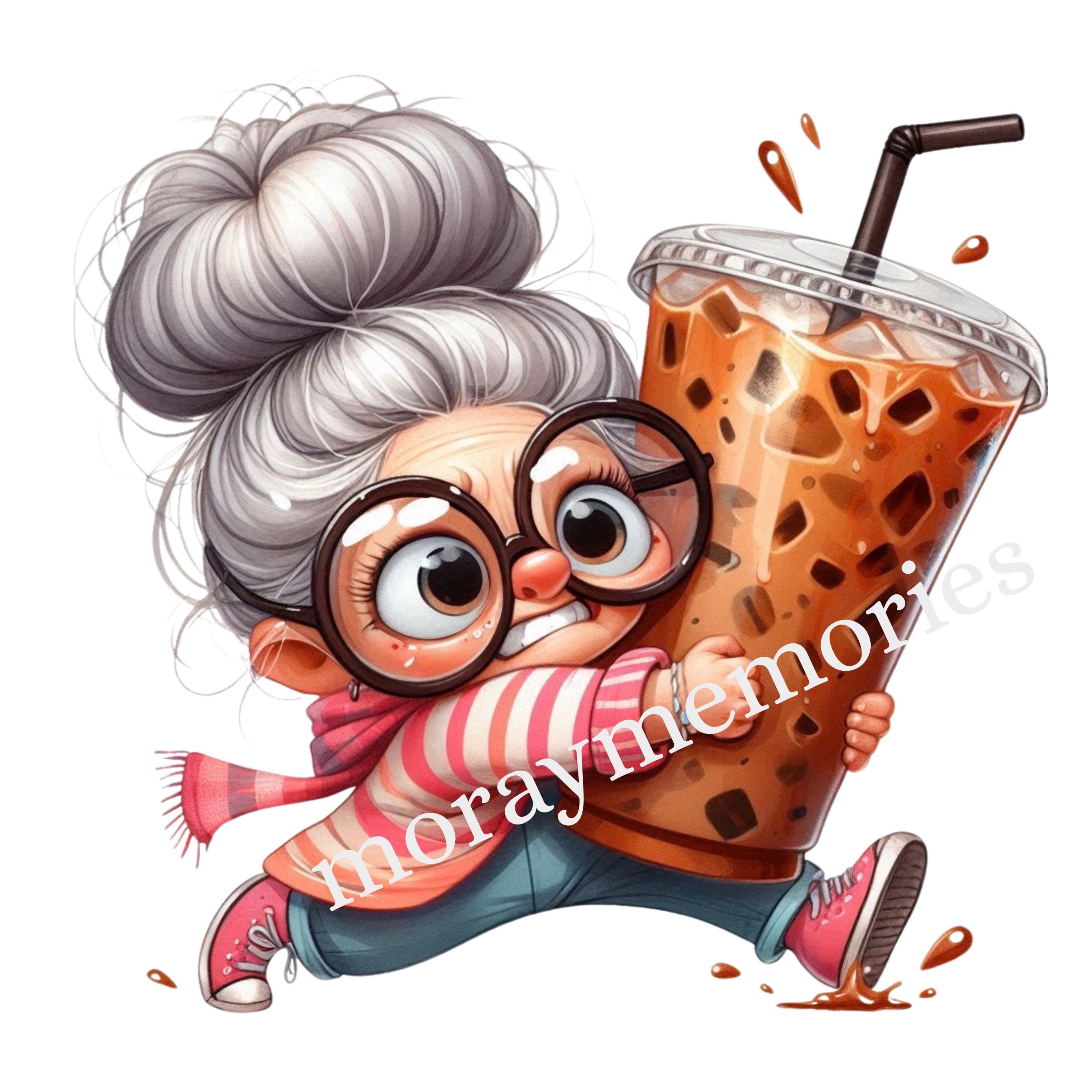 Cozy Coffee Lady Clipart | Funny Older Woman PNG | Cute Granny Coffee ...