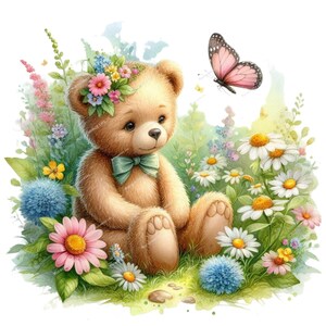K&ouml;nnte beinhalten: Ein brauner Teddyb&auml;r mit gr&uuml;ner Schleife sitzt in einem Feld voller bunter Blumen. Ein rosa Schmetterling fliegt &uuml;ber dem B&auml;ren.