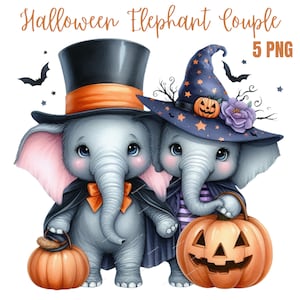 Casal de elefantes de Halloween PNG, download de design digital de sublimação de Halloween, png fofo de Halloween, png de temporada assustadora, Halloween png
