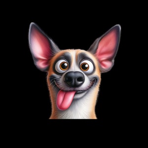 May include: A cartoon dog with brown, black, and white fur is looking up with its tongue sticking out. The dog has big, round eyes and a black nose.