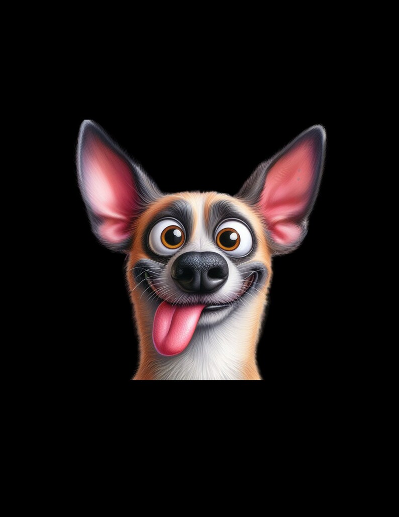 May include: A cartoon dog with brown, black, and white fur is looking up with its tongue sticking out. The dog has big, round eyes and a black nose.