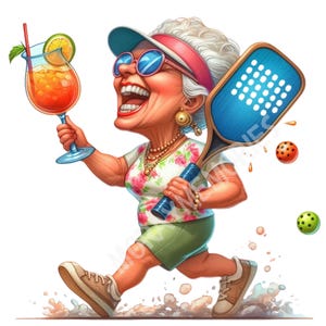 May include: Cartoon illustration of a laughing elderly woman running with a cocktail and a pickleball paddle. She wears a visor, sunglasses, floral top, and green skirt. Two pickleballs are in the background.