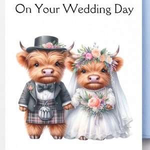 Hochzeit Karte, DIGITALER Download, druckbare Hochzeitskarte, sofortiger Download, Hochzeitstag Glückwünsche, Highland Kuh Braut und Bräutigam