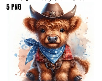 Cute Watercolor Western Highland Cow Clipart Bundle – 5 PNGs with Spring Flowers, Baby Cow Illustrations, Farm Animal Clip Art, Commercial